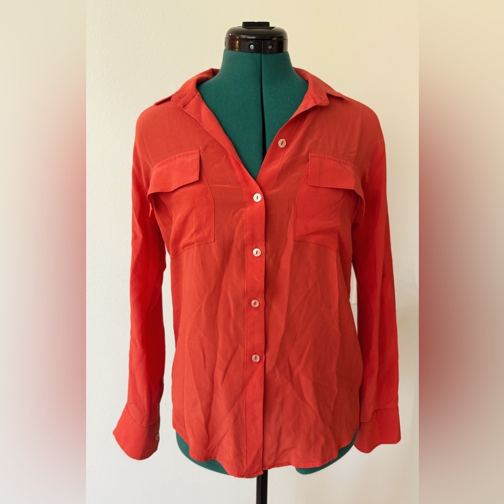 NIC+ZOE Orange Button Down Silk Shirt with Notched Collar